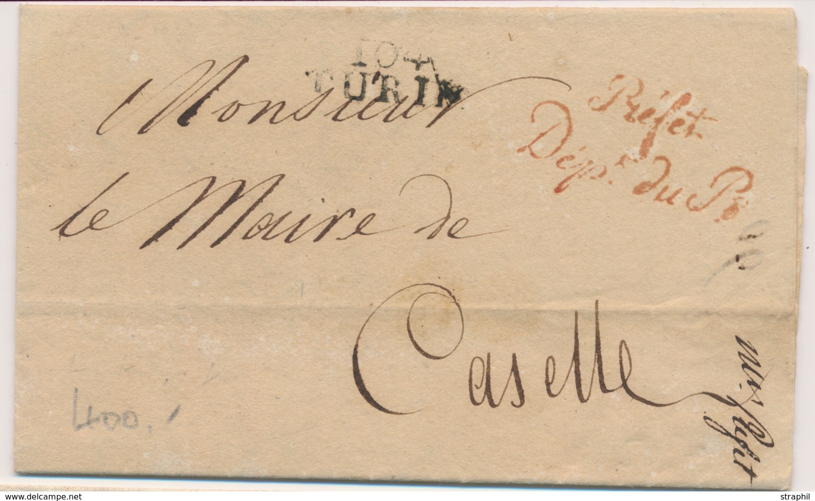 LAC DEPARTEMENTS CONQUIS - LAC - 104 TURIN + Marque Préfet Dépt Du Pô - Pr Le Maire De Caselle (Torino) - Avec Signature - 1801-1848: Précurseurs XIX
