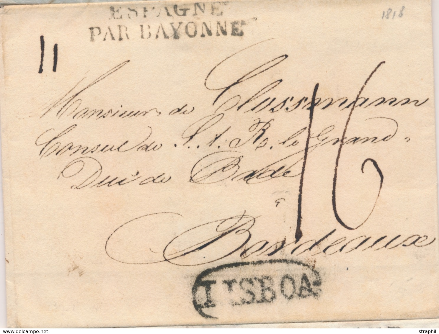 LSC MARQUES D'ENTREE (N° Noël) - LSC - Noël N°90 - Espagne Par Bayonne - Noir - De Lisbonne à Bordeaux - 1801-1848: Précurseurs XIX