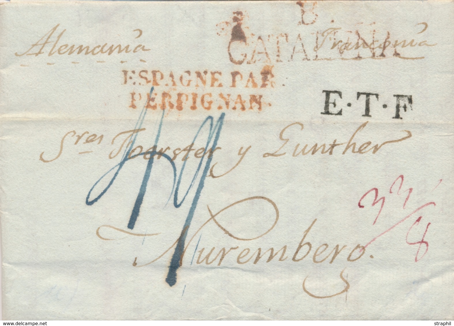 LAC MARQUES D'ENTREE (N° Noël) - LAC - Noël N°100 - Espagne Par Perpignan - Rouge + "8 Catalina" + E.T.F Sur Lettre De B - 1801-1848: Precursors XIX