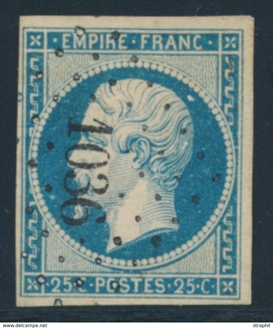 O NAPOLEON NON DENTELE - O - N°15 - 25c Bleu - Obl. PC 1036 -  Signé Calves - TB - 1853-1860 Napoléon III