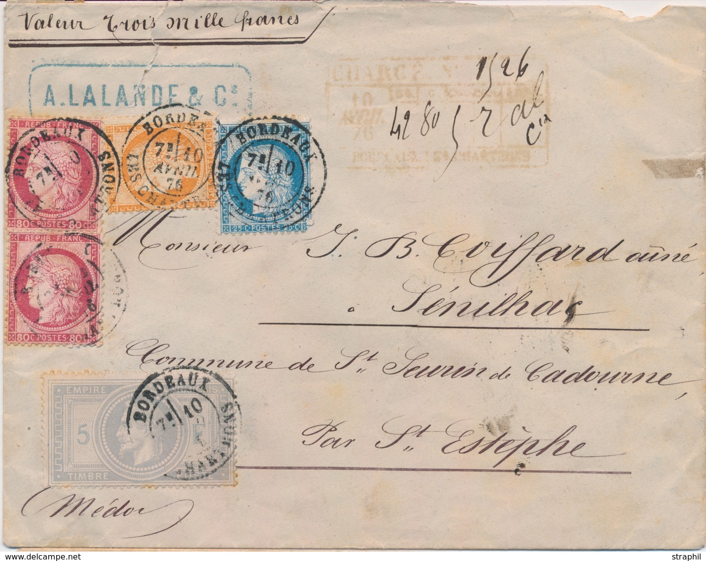 S/L NAPOLEON LAURE - S/L - N°33, 38,57x2, 60 -S/LR Chargée (affranch 7F75) Griffe Rouge Chargée Au Recto - Càd Bordeaux  - 1863-1870 Napoléon III Lauré