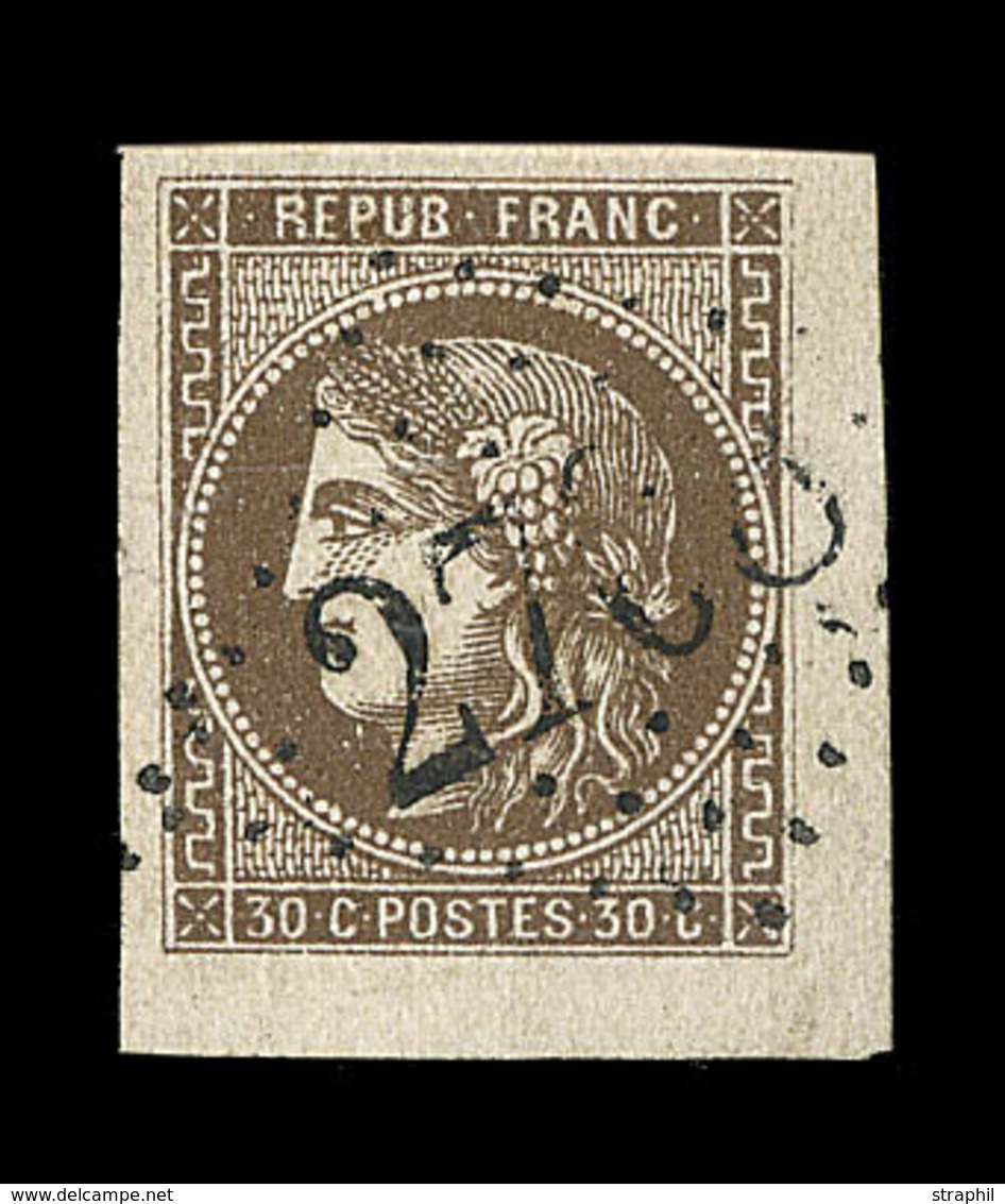 O EMISSION DE BORDEAUX  - O - N°47 - 30c Brun - Coin De Feuille - Obl GC - Pièce De Luxe - TB - 1870 Emission De Bordeaux