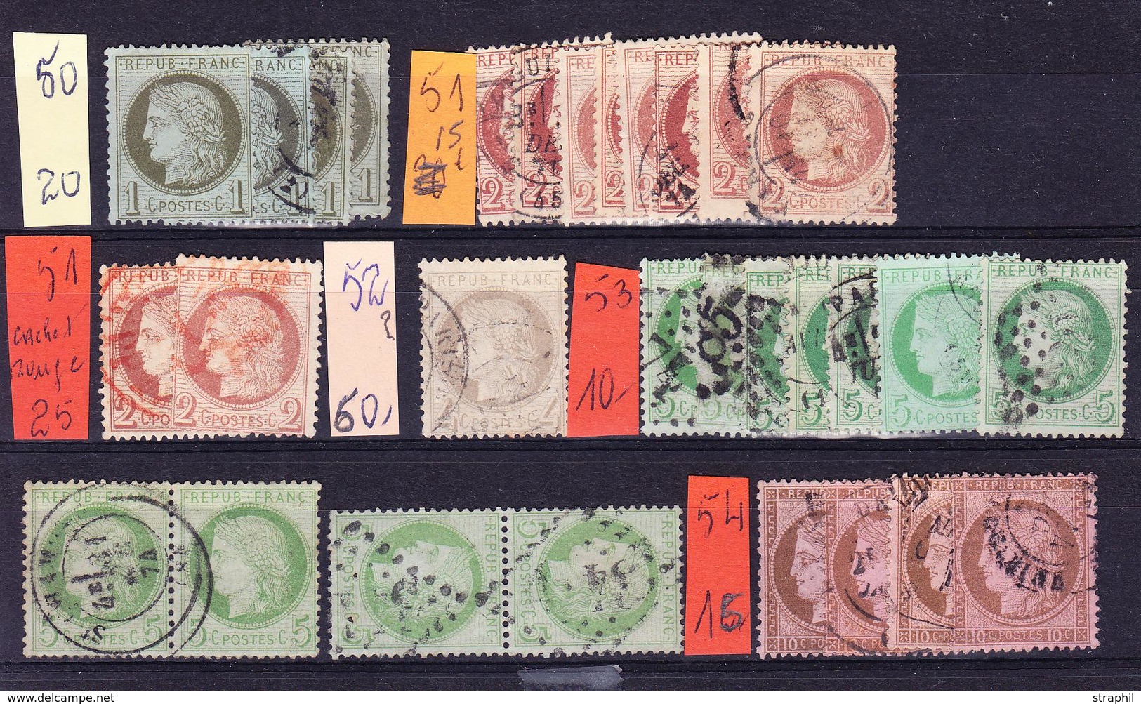 O CERES III ème REPUBLIQUE - O - N°50/54 - Par Mutiples Dt Obl. Rouge - 2 Paires - états Divers - 1871-1875 Ceres