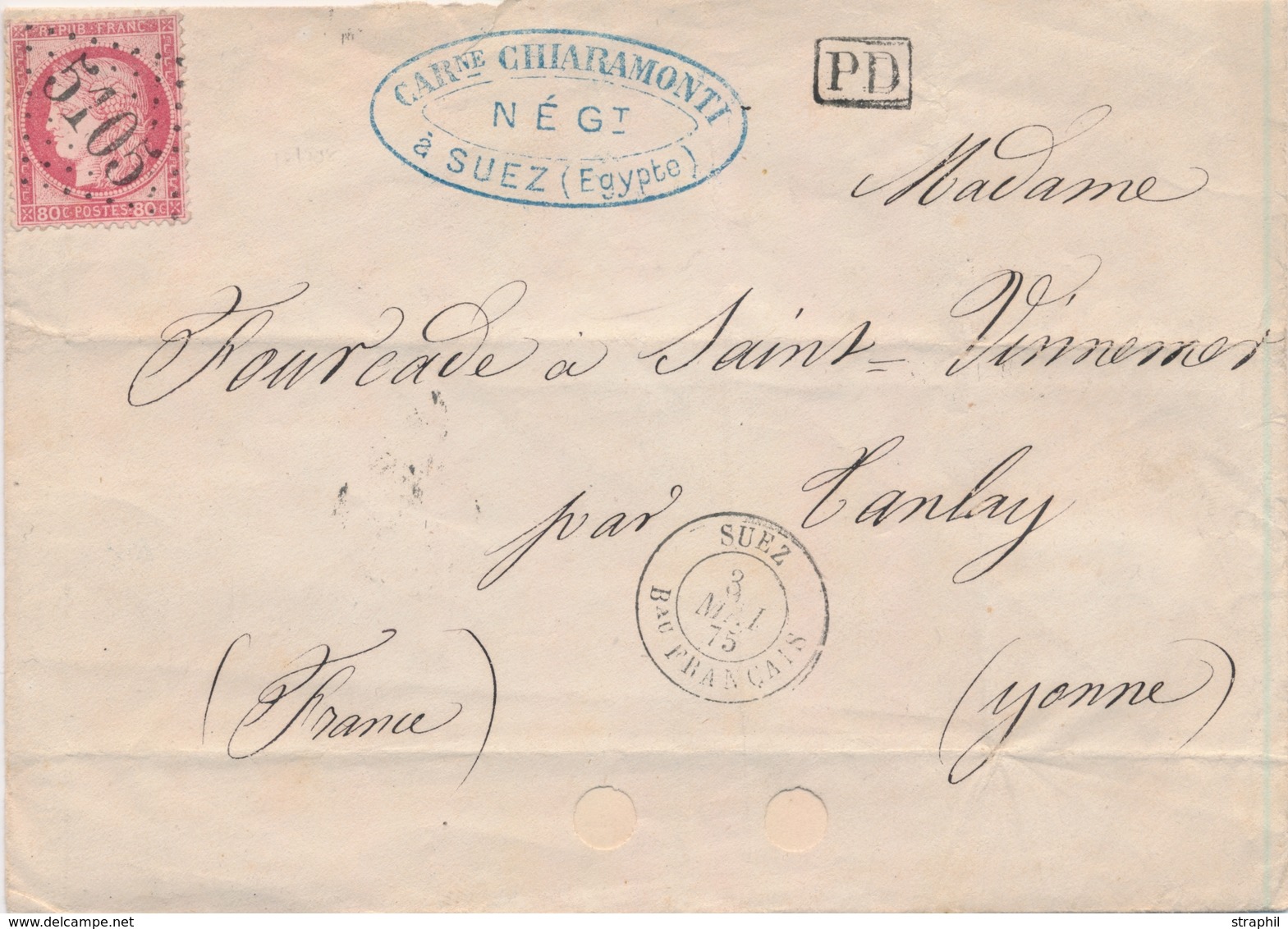 L OBLITERATIONS BFE - L - N°57 Obl GC 5105 - (Suez/Egypte) S/ Pli Du 3 Mai 1875 Pour L'Yonne - B/TB - Other & Unclassified