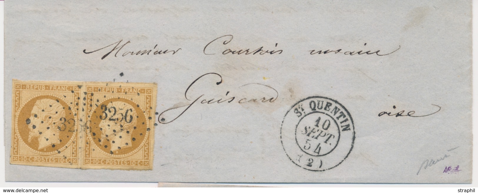 L Emission Présidence Sur Lettre - L - N°9 - 10c Bistre - Paire Avec Légère Froissure Entre Les Timbres - Obl. PC 3256 - - 1849-1876: Classic Period