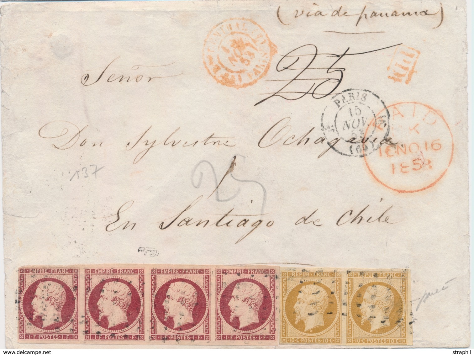 L Emission Présidence Sur Lettre - L - N°9 + N°18g - Double Part Pour La Côte Pacifique (4F20) Affranchi Avec Une Paire  - 1849-1876: Période Classique