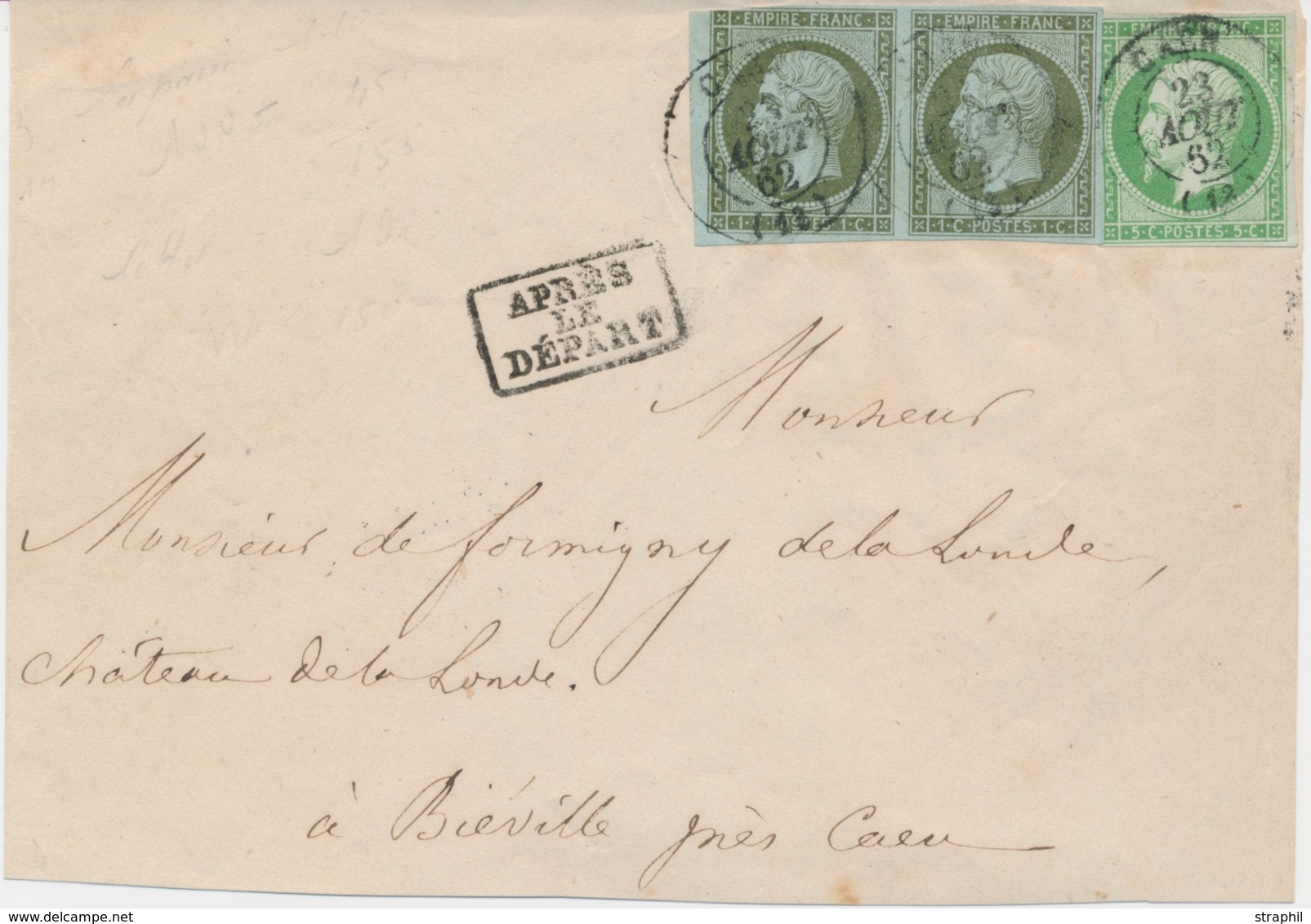 DEV Emission Napoléon Non Dentelé Sur Lettre - DEV - N°11 Et 12 - Tarif à 7centimes Pour Imprimé - 23/08/62 CAEN - B - 1849-1876: Classic Period