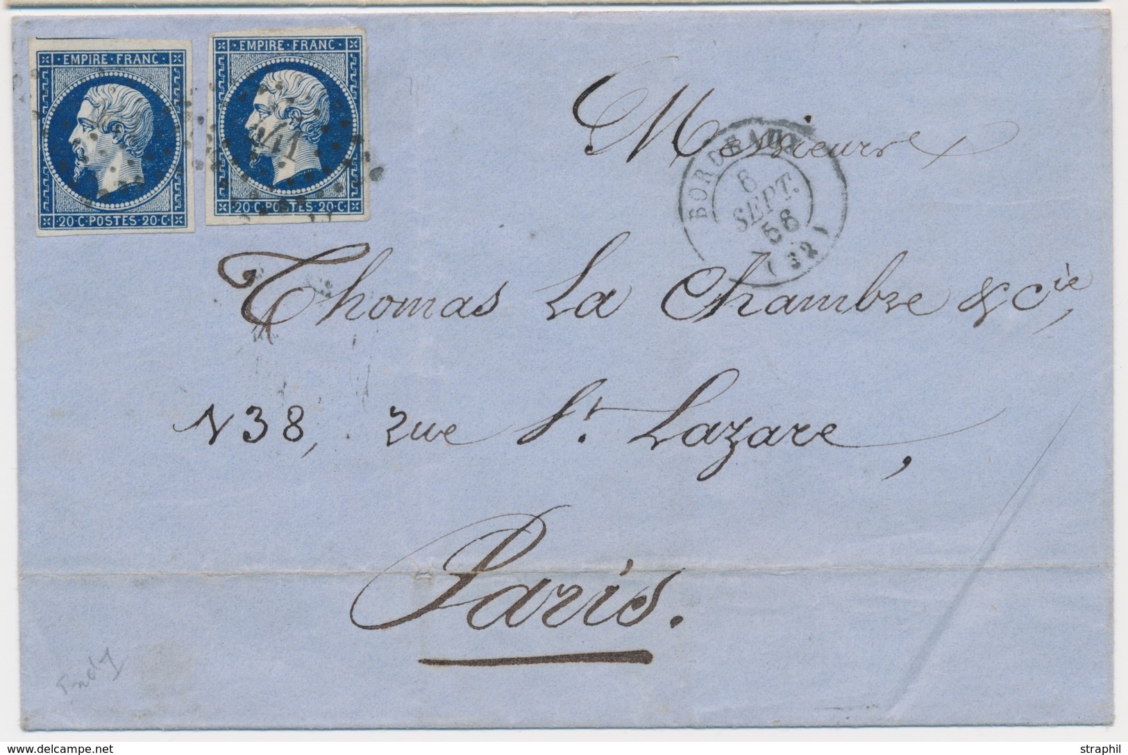 LSC Emission Napoléon Non Dentelé Sur Lettre - LSC - N°14Ab - Bleu-noir (x2) - PC 441 + T15 Bordeaux 6 Sept 56 - TB - 1849-1876: Classic Period