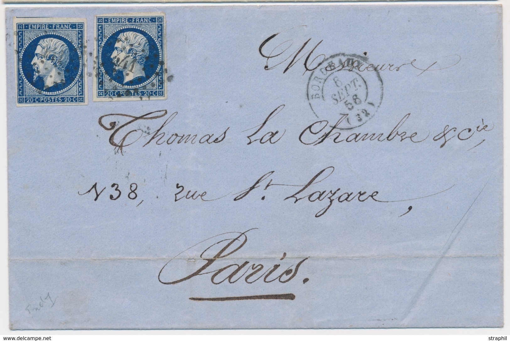 LSC Emission Napoléon Non Dentelé Sur Lettre - LSC - N°14Ab - Bleu-noir (x2) - PC 441 + T15 Bordeaux 6 Sept 56 - TB - 1849-1876: Période Classique