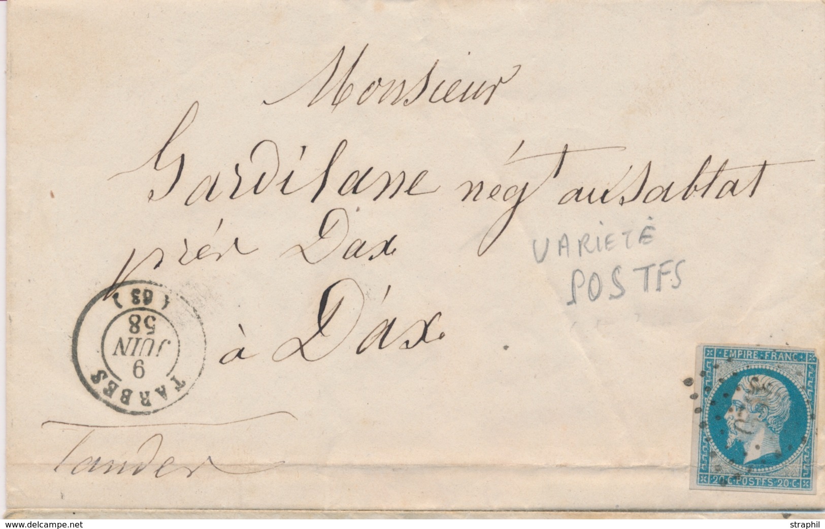 LSC Emission Napoléon Non Dentelé Sur Lettre - LSC - N°14Af - POST"F"S - Obl. PC 3320 - T15 - TARBES 6/6/58 Pour DAX B/T - 1849-1876: Classic Period