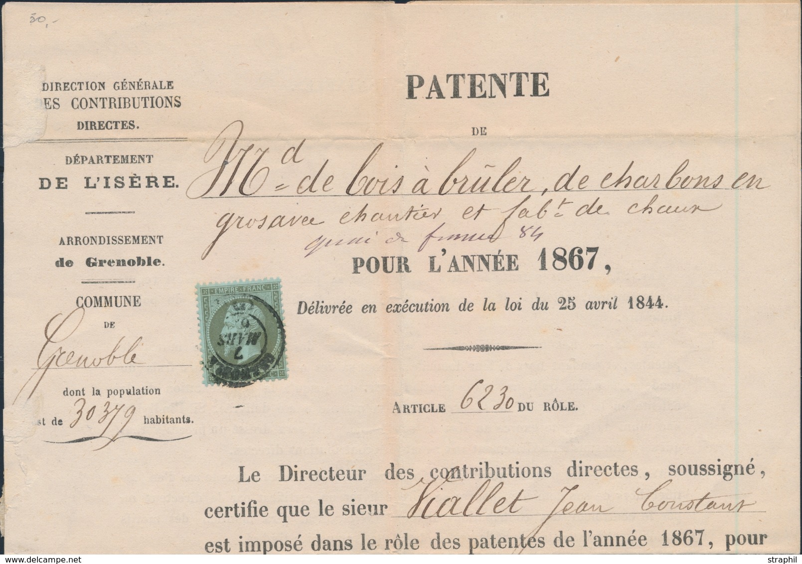 LAC Emission Napoléon Non Dentelé Sur Lettre - LAC - N°19 - Obl. Grenoble - 7/3/67 - S/Imprimé De Patente - TB - 1849-1876: Classic Period