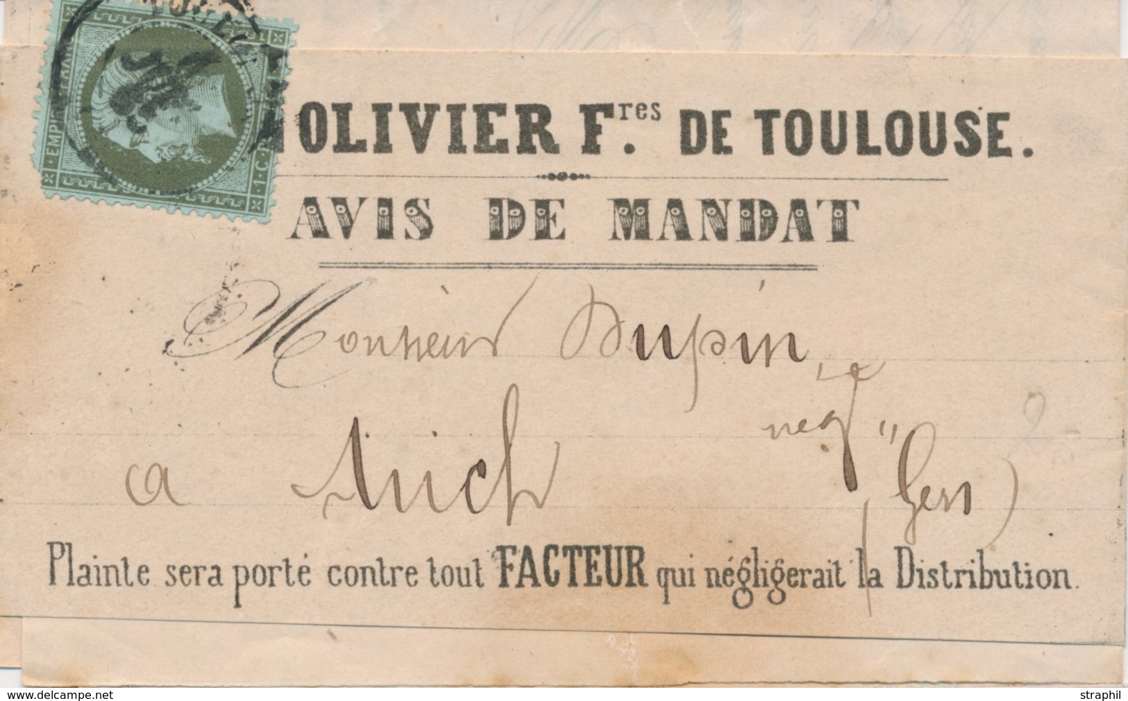 BJ Emission Napoléon  Dentelé Sur Lettre - BJ - N°19 (1coin Défx) - Obl. TOULOUSE - Juil.65 - S/ B.J Pour AUCH - B/TB - 1849-1876: Classic Period