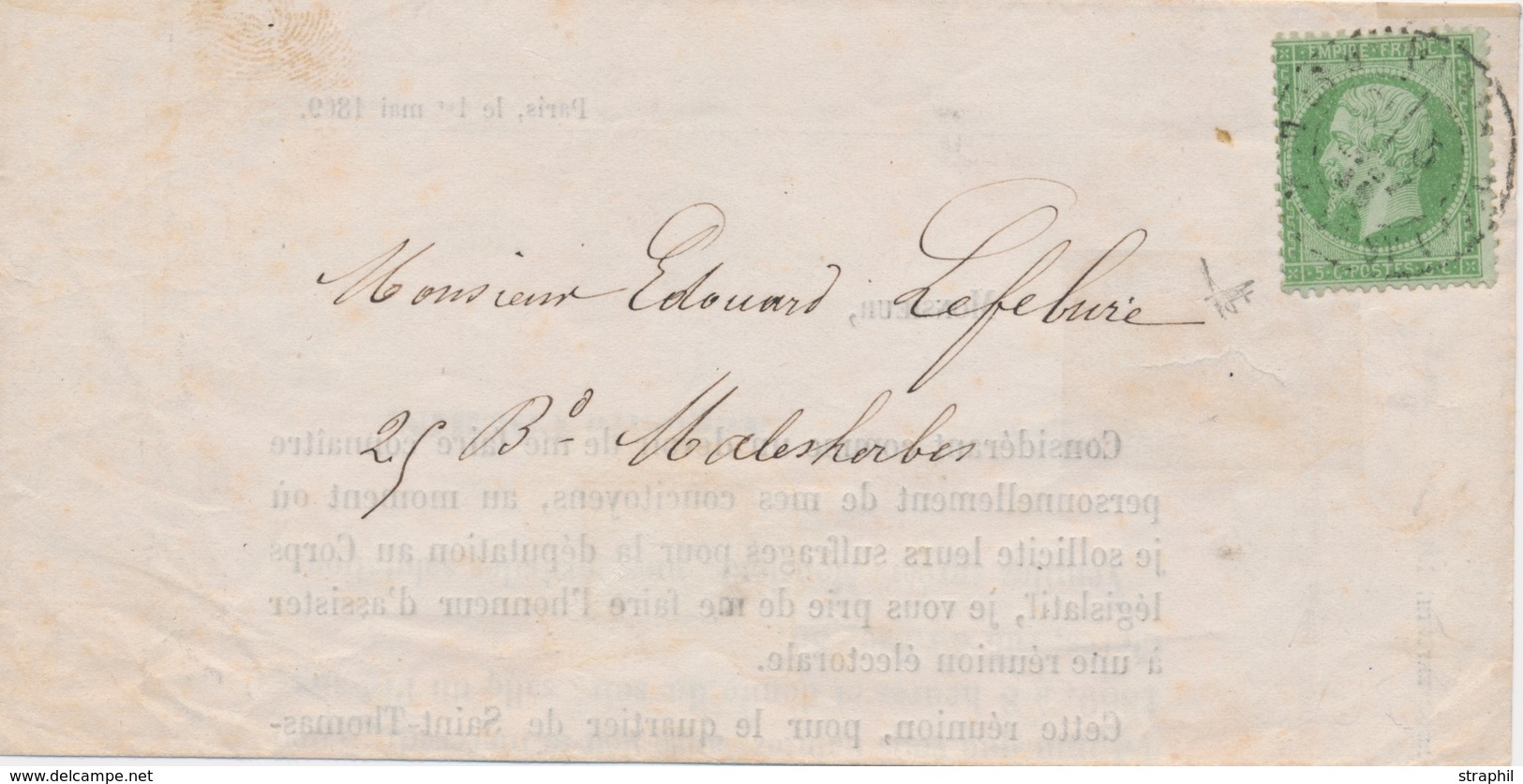 LAC Emission Napoléon  Dentelé Sur Lettre - LAC - N°20 - Obl. PARIS - 5/5/69 - S/convocation à Une Réunion électorale Po - 1849-1876: Classic Period