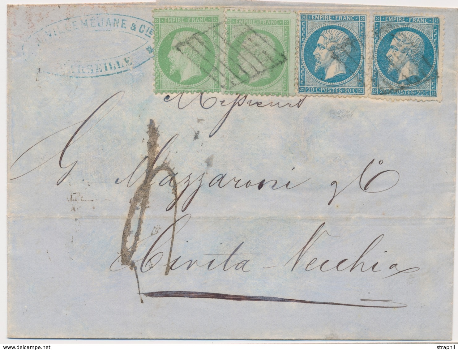 L Emission Napoléon Dentelé Sur Lettre - L - N°20 Et 22 - Combinaison Rare à 50c Taxée Pour Cinita Vecchia - Rare - TB - 1849-1876: Classic Period