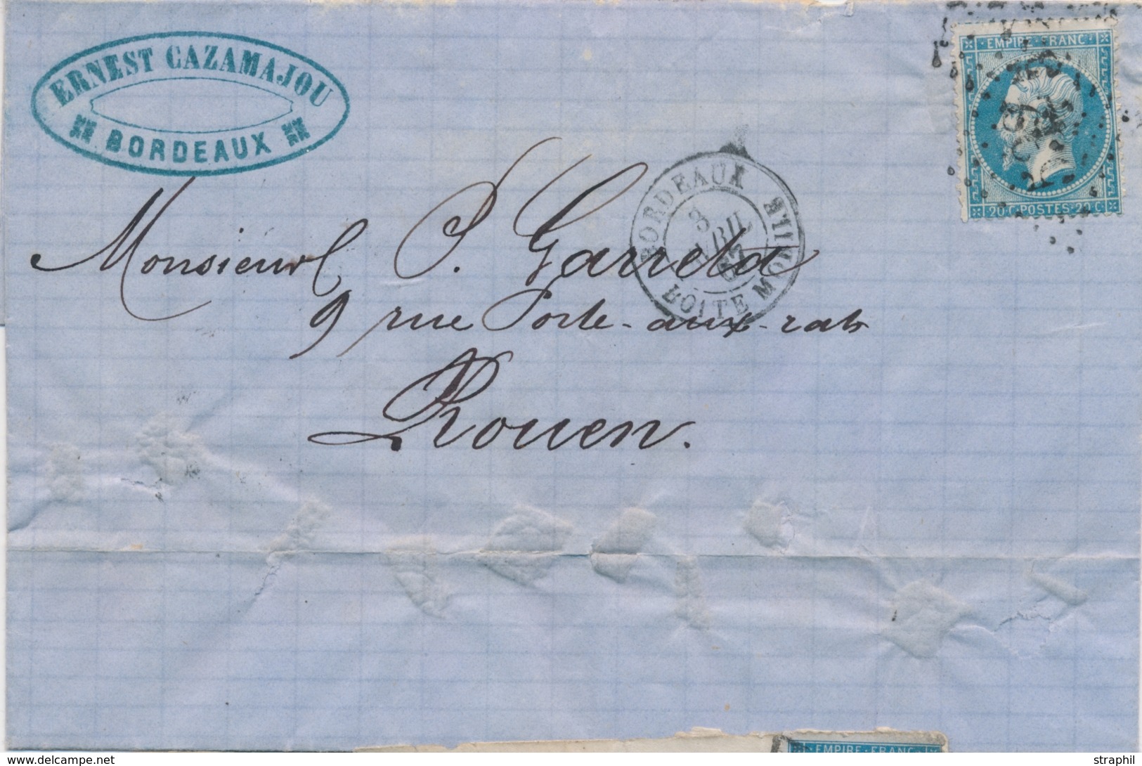 LAC Emission Napoléon Dentelé Sur Lettre - LAC - N°22 - Obl. GC 532 - T15 - BORDEAUX / Boîte Mobile - 3/4/67 Pour ROUEN  - 1849-1876: Période Classique