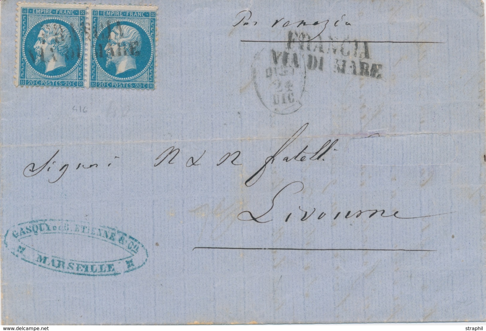 L Emission Napoléon Dentelé Sur Lettre - L - N°22 - 20c Bleu - Pair Horiz. - Obl Francia / Via De Maré S/lsc Pour Livour - 1849-1876: Période Classique