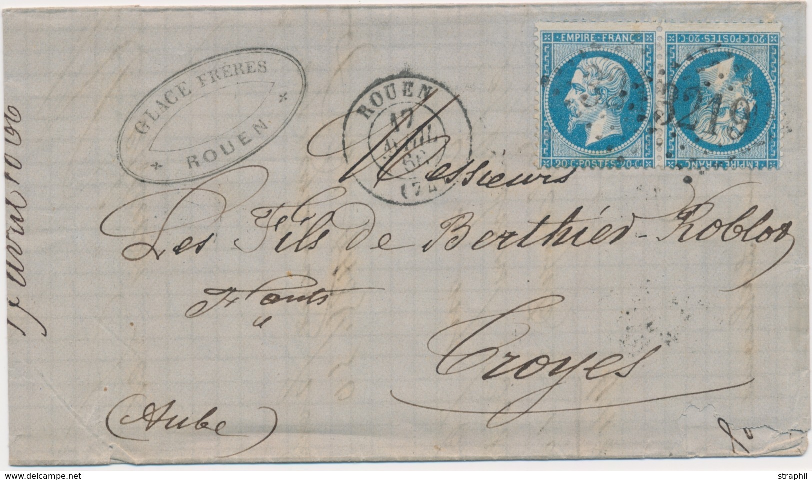 L Emission Napoléon Dentelé Sur Lettre - L - N°22b - 20c Bleu - Paire - Tête Bêche - Obl. GC 3219 (Rouen) - Pr Troyes -  - 1849-1876: Classic Period