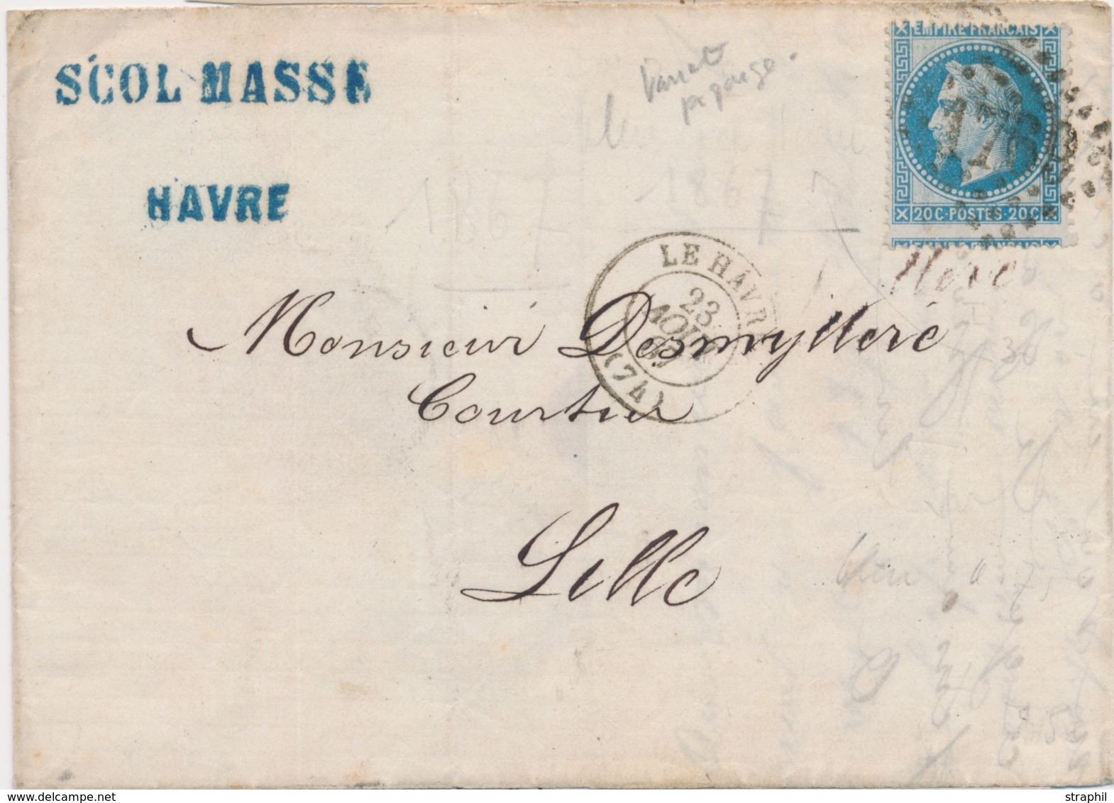 LAC ÉMISSION EMPIRE LAURE Sur Lettre - LAC - N°29B - Obl. GC 1769 - Piquage à Cheval - T15 LE HAVRE - 23/8/67 - B/TB - 1849-1876: Classic Period