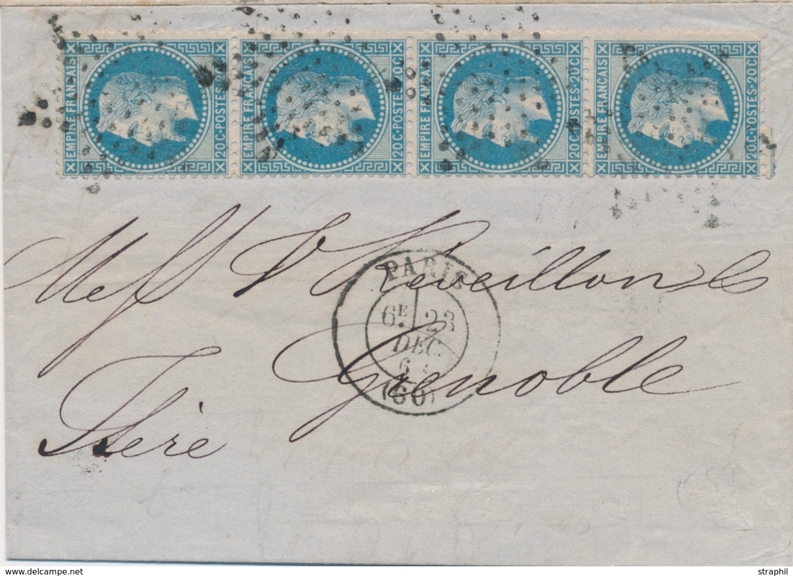 LAC ÉMISSION EMPIRE LAURE Sur Lettre - LAC - N°29B - Bloc De 4 Horiz. - Obl. étoile Muette - 23/12/1868 Pour GRENOBLE -  - 1849-1876: Klassik