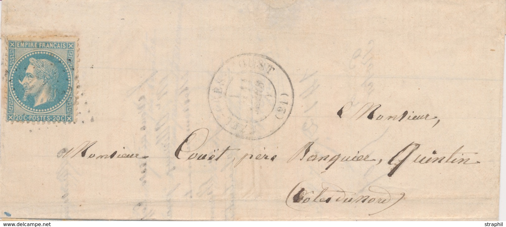 L ÉMISSION EMPIRE LAURE Sur Lettre - L - N°29Bb - 20c Bleu - Type II à La Corne S/lettre B/TB - 1849-1876: Classic Period