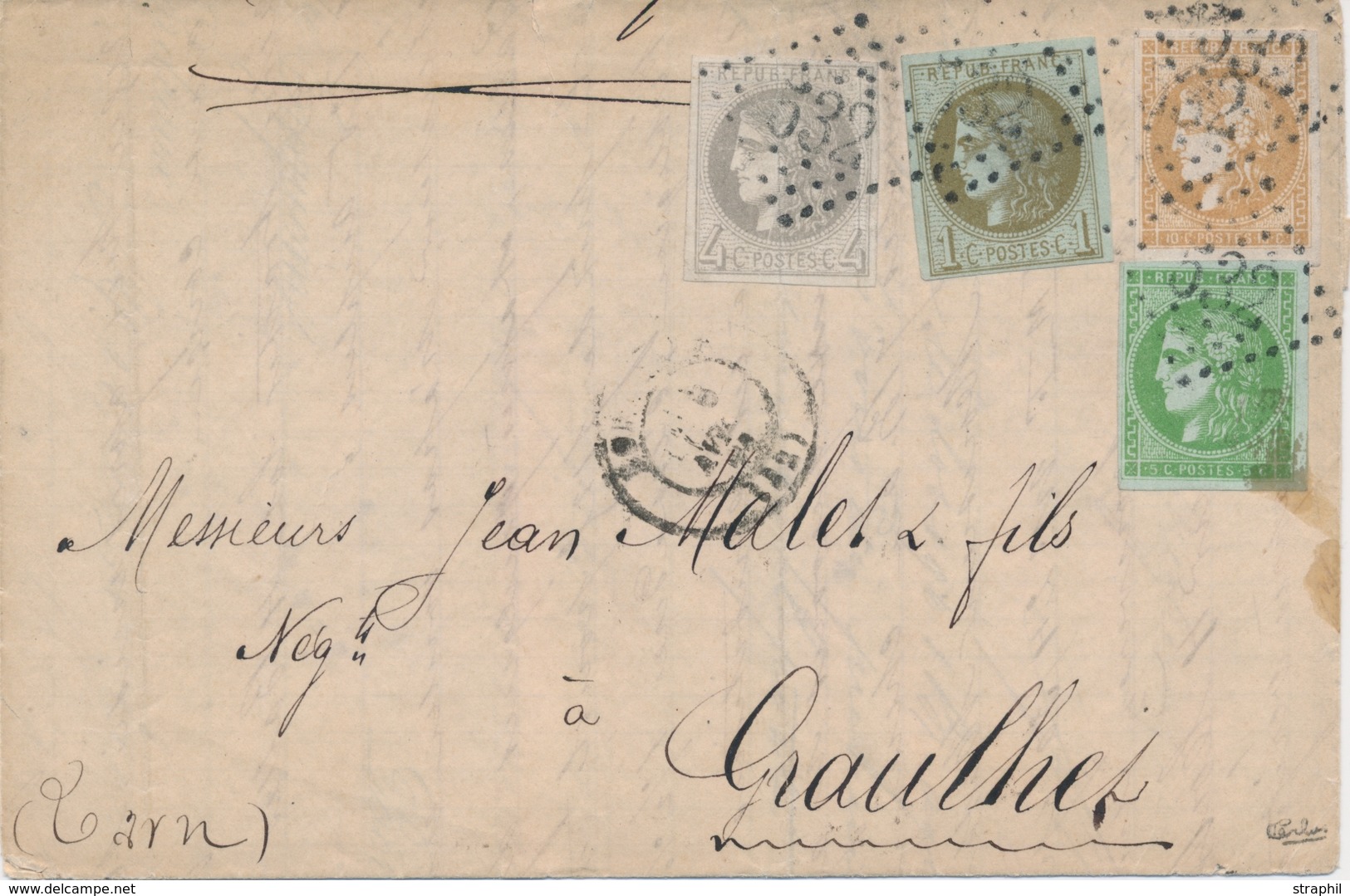 LAC Emission De BORDEAUX Sur Lettre - LAC - N°39c, 41B, 42B, 43A - Obl. GC 532 (afft Quadir à 20c) - T15 BORDEAUX - 6/4/ - 1849-1876: Classic Period