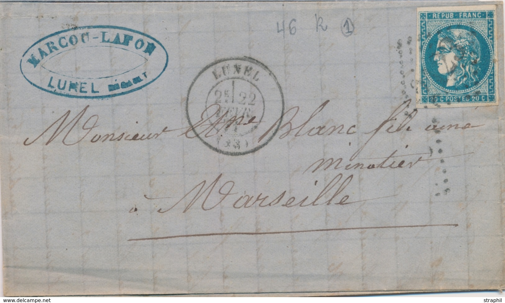 LAC Emission De BORDEAUX Sur Lettre - LAC - N°46A - Obl. GC - T17 - LUNEL - 22/2/71 - Pour Marseille - TB - 1849-1876: Période Classique