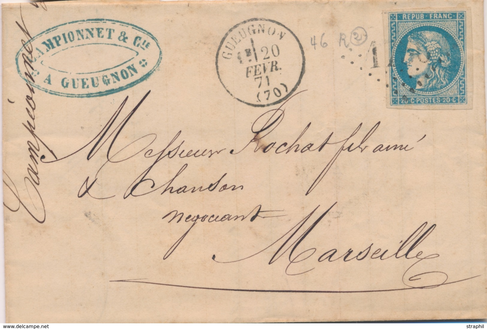 LAC Emission De BORDEAUX Sur Lettre - LAC - N°46B - Obl. GC1770 - T16 - Gueugnon - 20/2/71 Pour Marseille - TB/SUP - 1849-1876: Classic Period