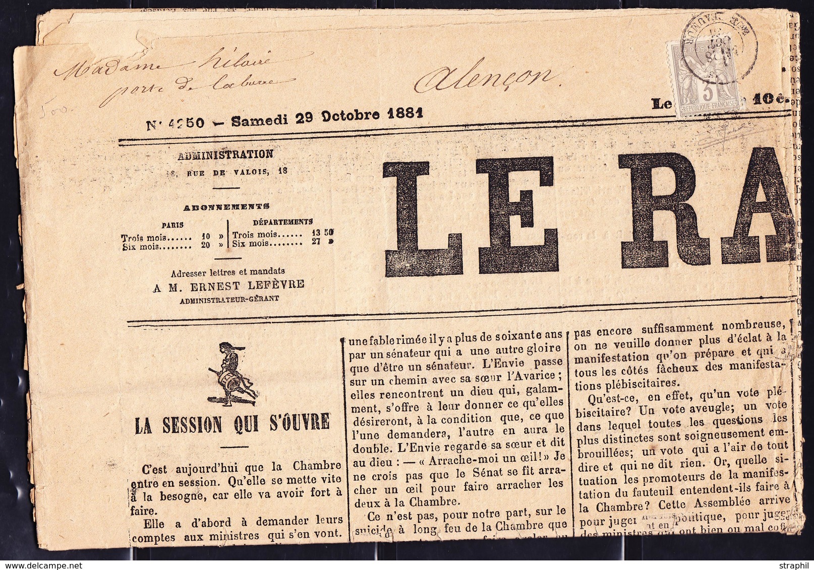 JOURN Emission TYPE SAGE Sur Lettre - JOURN - N°87 S/journal "LE RAPPEL" - 28/10/1881 - De PARIS à ALENCON - Signé Jamet - 1849-1876: Période Classique