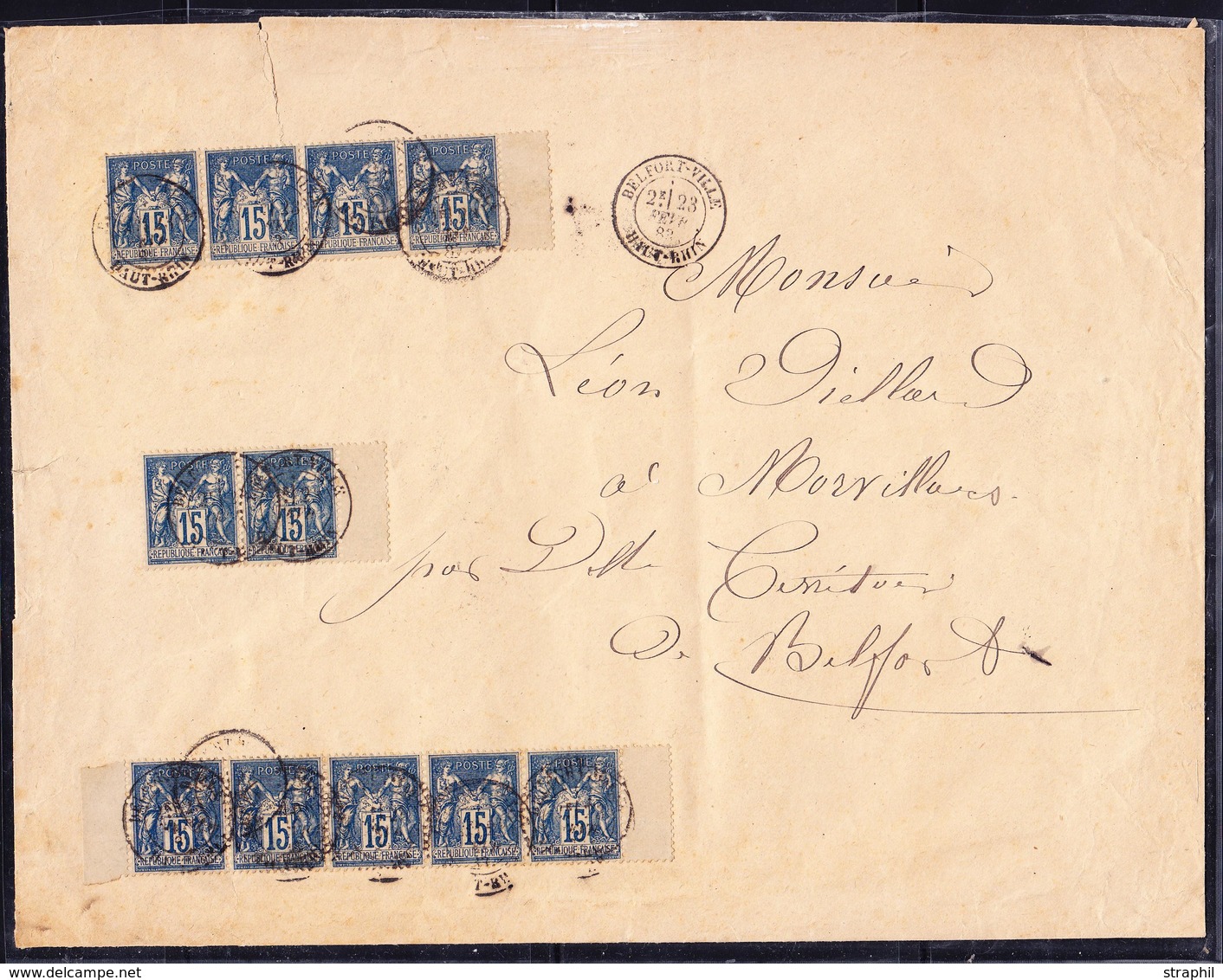 L Emission TYPE SAGE Sur Lettre - L - N°90 (X11 Dt Paire - Bde De 4 - Bde De 5) - Obl. BELFORT Ville - 23/2/83 - Pour BE - 1849-1876: Période Classique