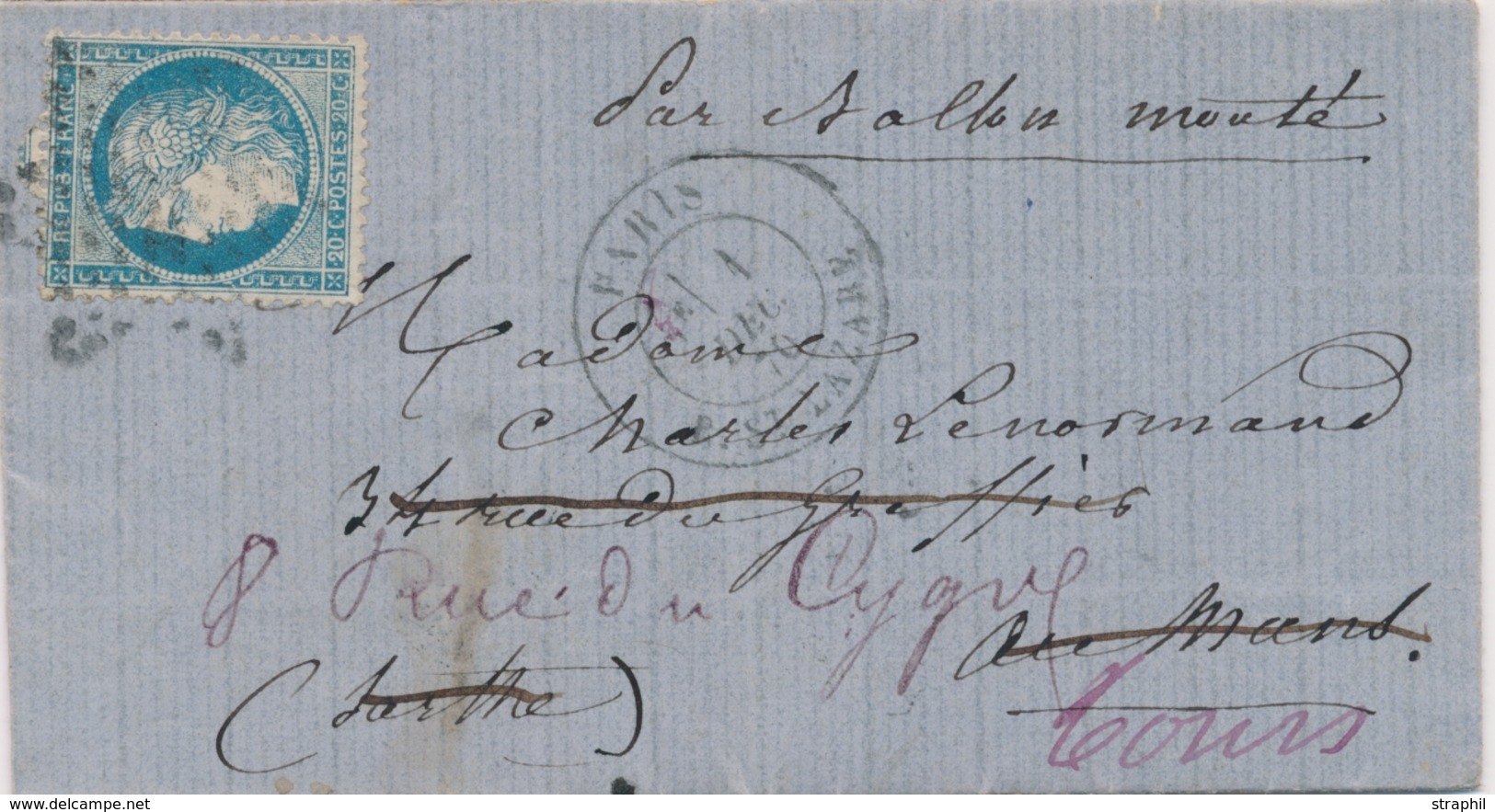 LAC BALLONS MONTES - LAC - Le FRANKLIN - LMM Du 1.12.70 - Etoile 2 Sur 37 Càd R. St Lazare, Pour Le MANS - Réexpédié à   - War 1870