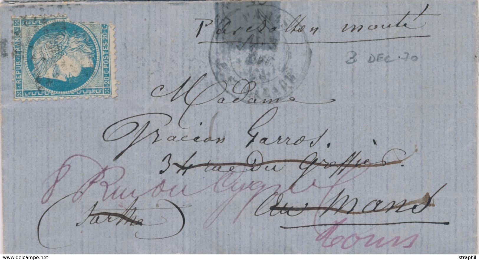 LAC BALLONS MONTES - LAC - Le FRANKLIN - 3.12.70 - Obl - étoile Afft N°37 (defx) Pour  TOURS - Via Le  MANS - B - Guerre De 1870