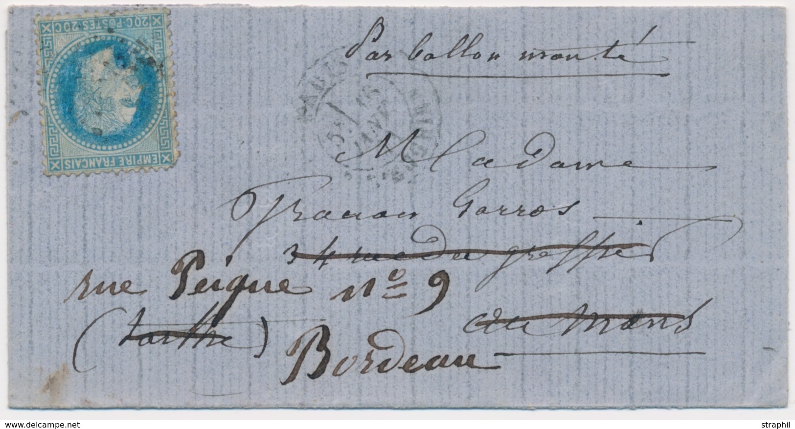 LAC BALLONS MONTES - LAC - La Poste De PARIS - LMM Du 16/1/71 étoile 4 S/N°29 - Càd Rue D'Enghien - Pour Le Mans - Réexp - War 1870