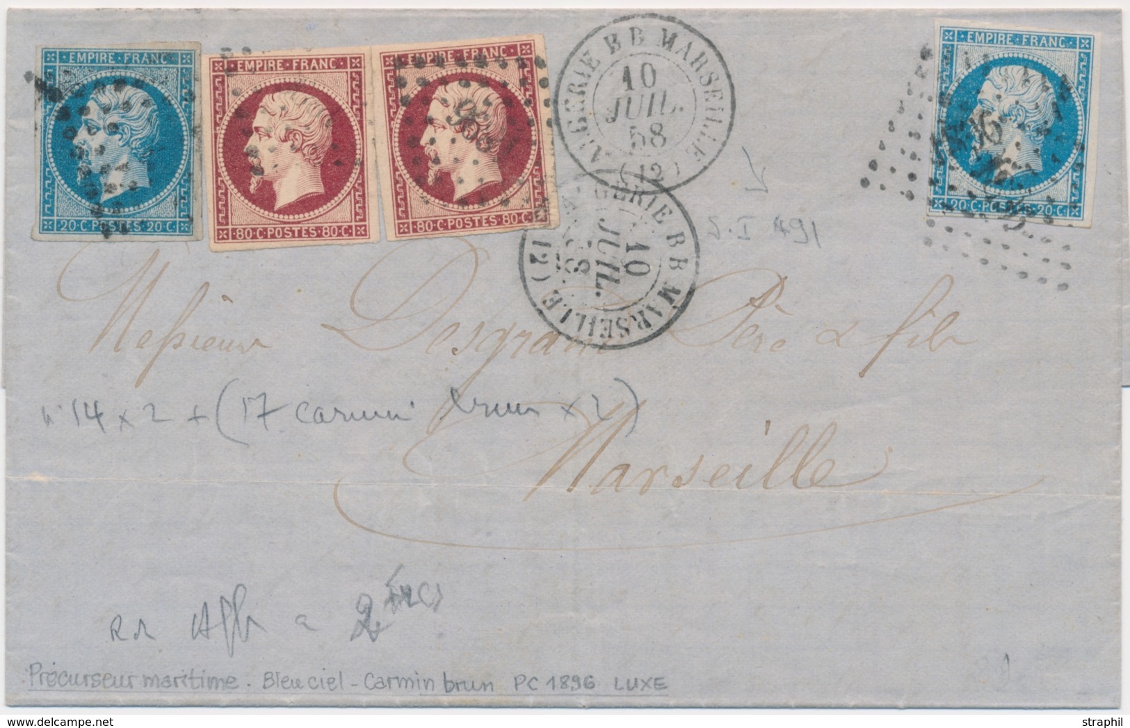 LAC POSTE MARITIME - LAC - N°14A (x2), 17A(x2) Carmin Brun - Obl. PC 1896 + Càd Algérie - B.B Marseille 10/7/58 - Pr Mar - Maritime Post