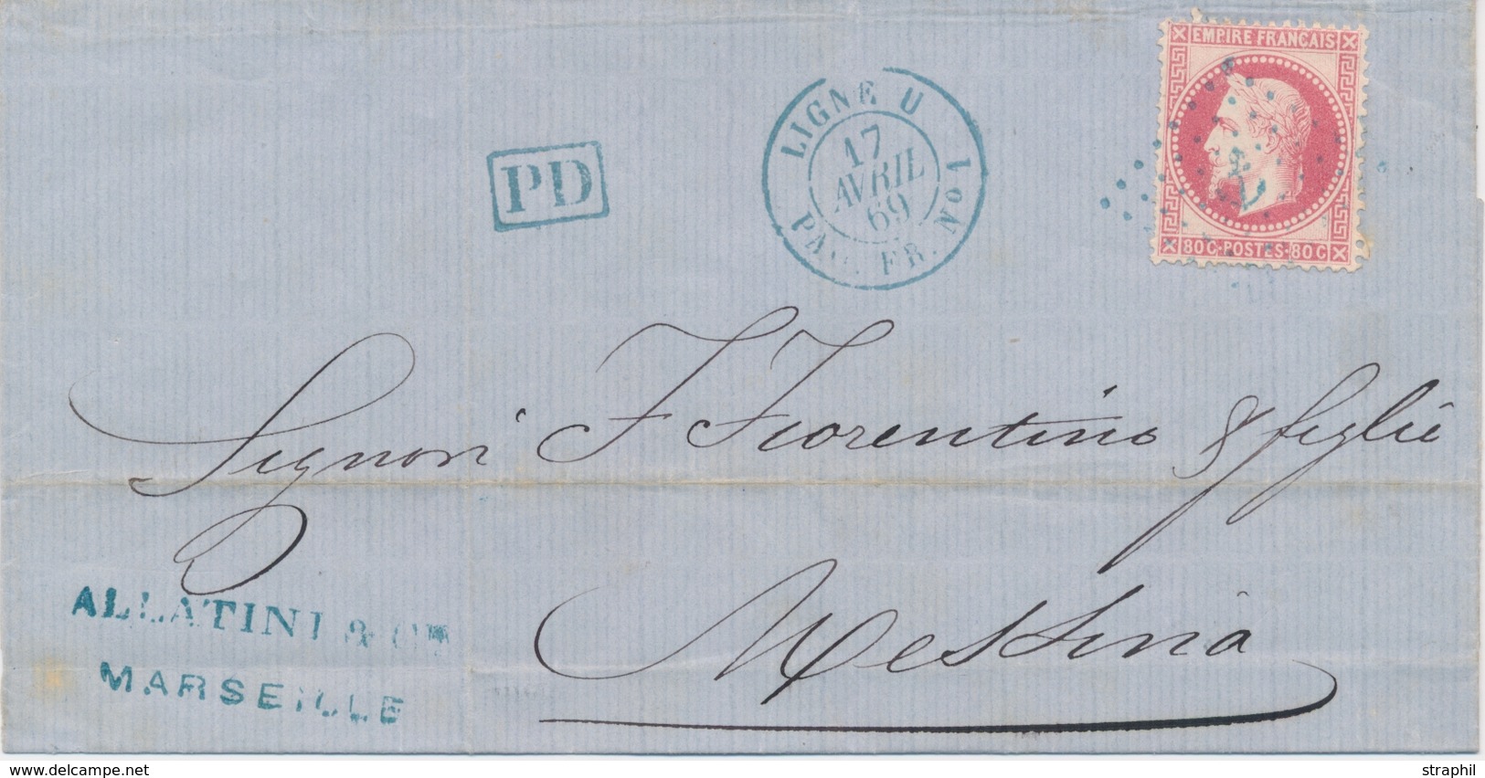 LSC POSTE MARITIME - LSC - N°32 - Obl. Ancre Bleue + Cachet Ligne U.PAQ.FR.N°1 - 17/4/69 (bleu) Pour Messina - TB - Poste Maritime