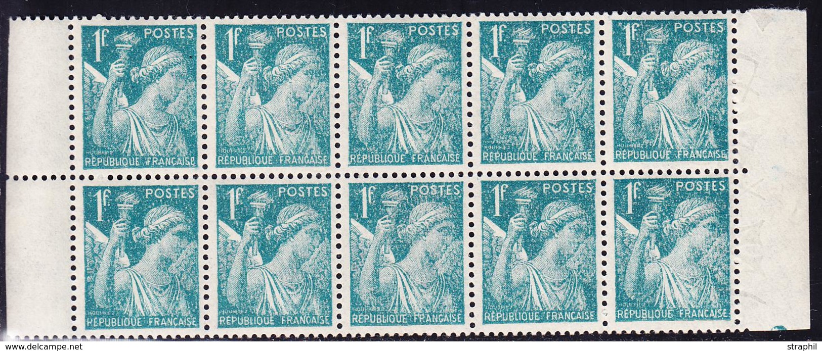 ** PERIODE 1941 à Nos Jours - ** - N°650a - 1F Bleu Clair - Bloc De 10 - Papier Filigramé - TB - Unused Stamps