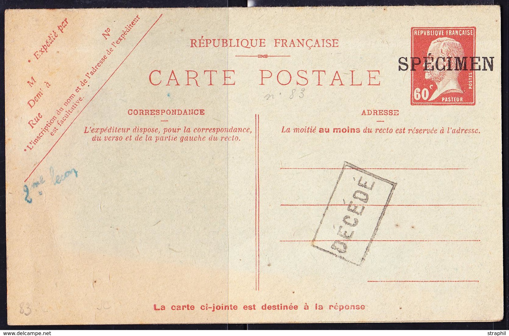 EP ENTIERS POSTAUX (Réf. YVERT/TELLIER) - EP - N°PAS.F2 - 60c Rouge PASTEUR CPRP1  - Carte Réponse - Surch. SPECIMEN + L - Letter Cards