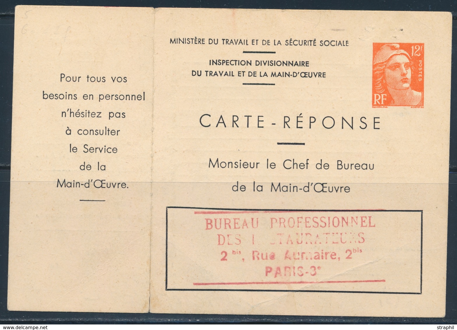 EP ENTIERS POSTAUX (Réf. STORCH) - EP - GAN L2f - 12F Orange -  Cple De Service N° L2f - B. De La Main D'œuvre - " Est-e - Letter Cards