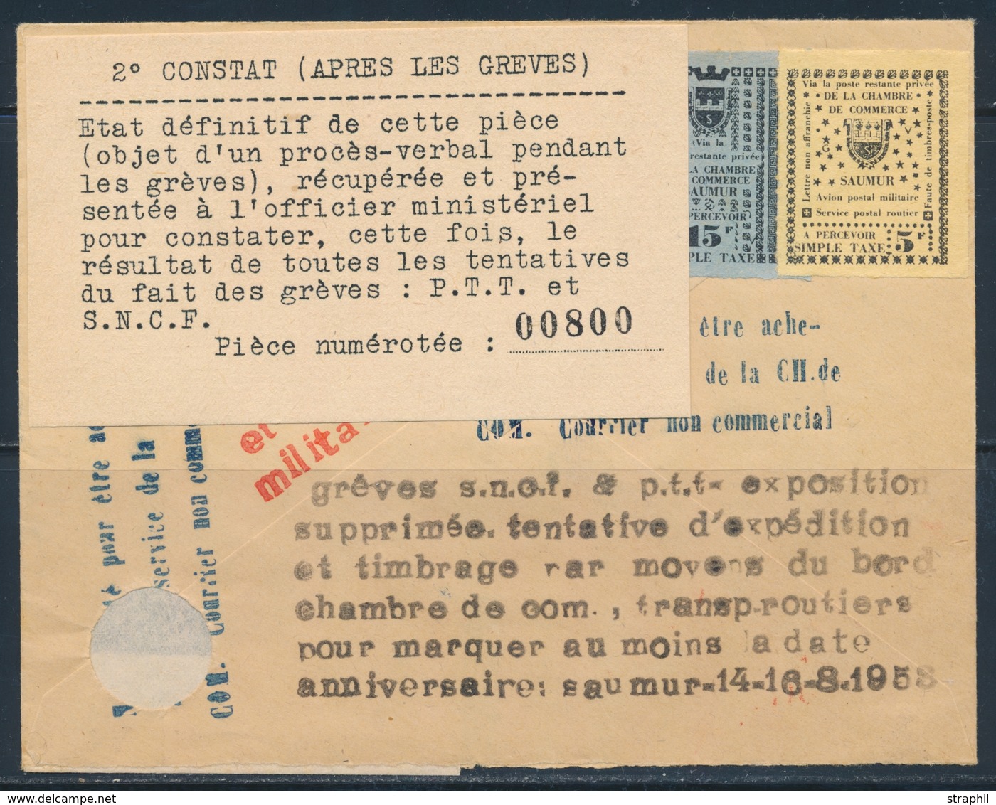 L TIMBRES DE GREVE (REF. MAURY) - L - Pli De SAUMUR Du 14/8/1953 Av. Vignette De Fortune à 4F (diff. Cachets) - TB - Other & Unclassified