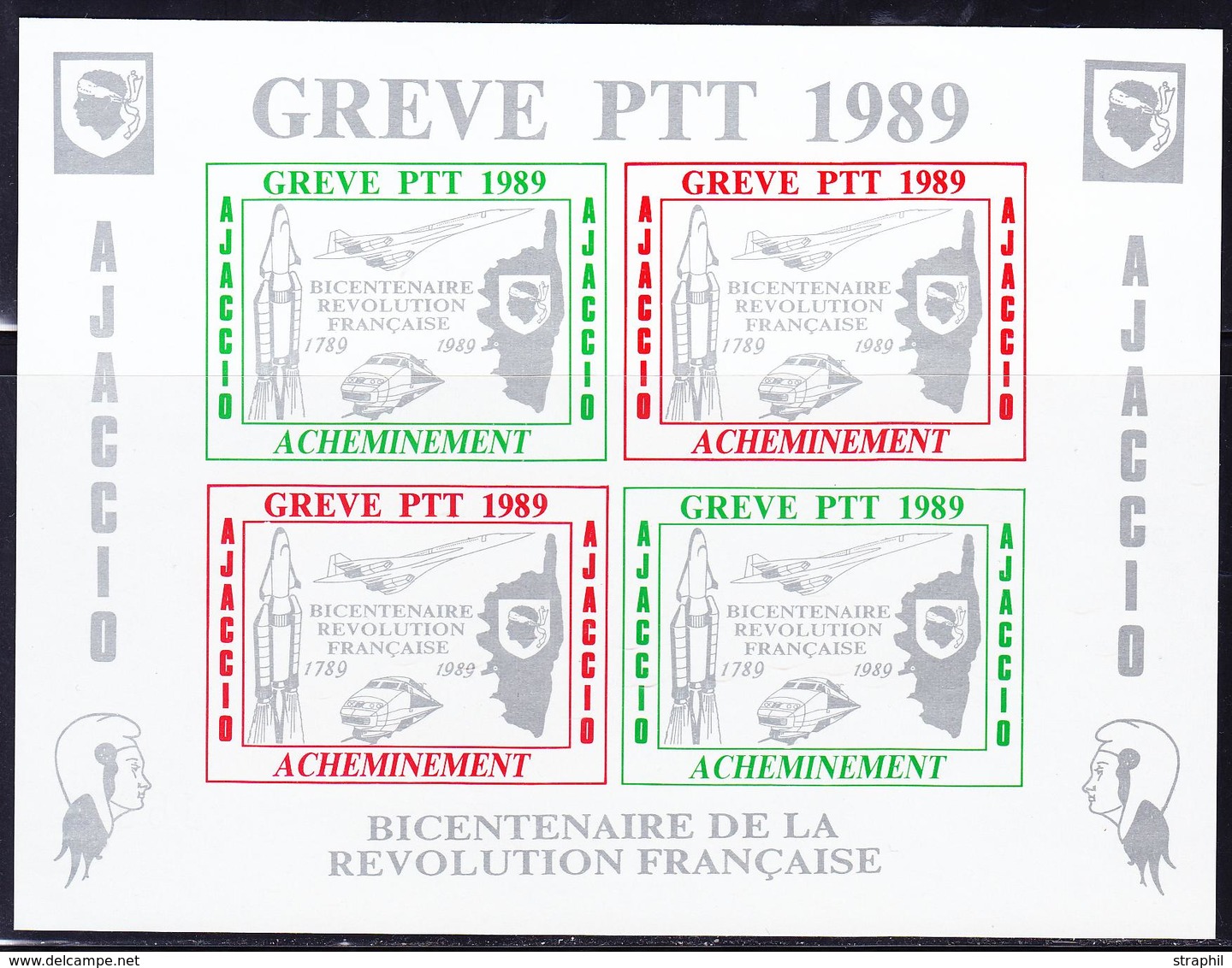 (*) TIMBRES DE GREVE (REF. MAURY) - (*) - AJACCIO 1989 - Bloc De 4 Valeurs (2 Verts Et 2 Rouges) - TB - Autres & Non Classés