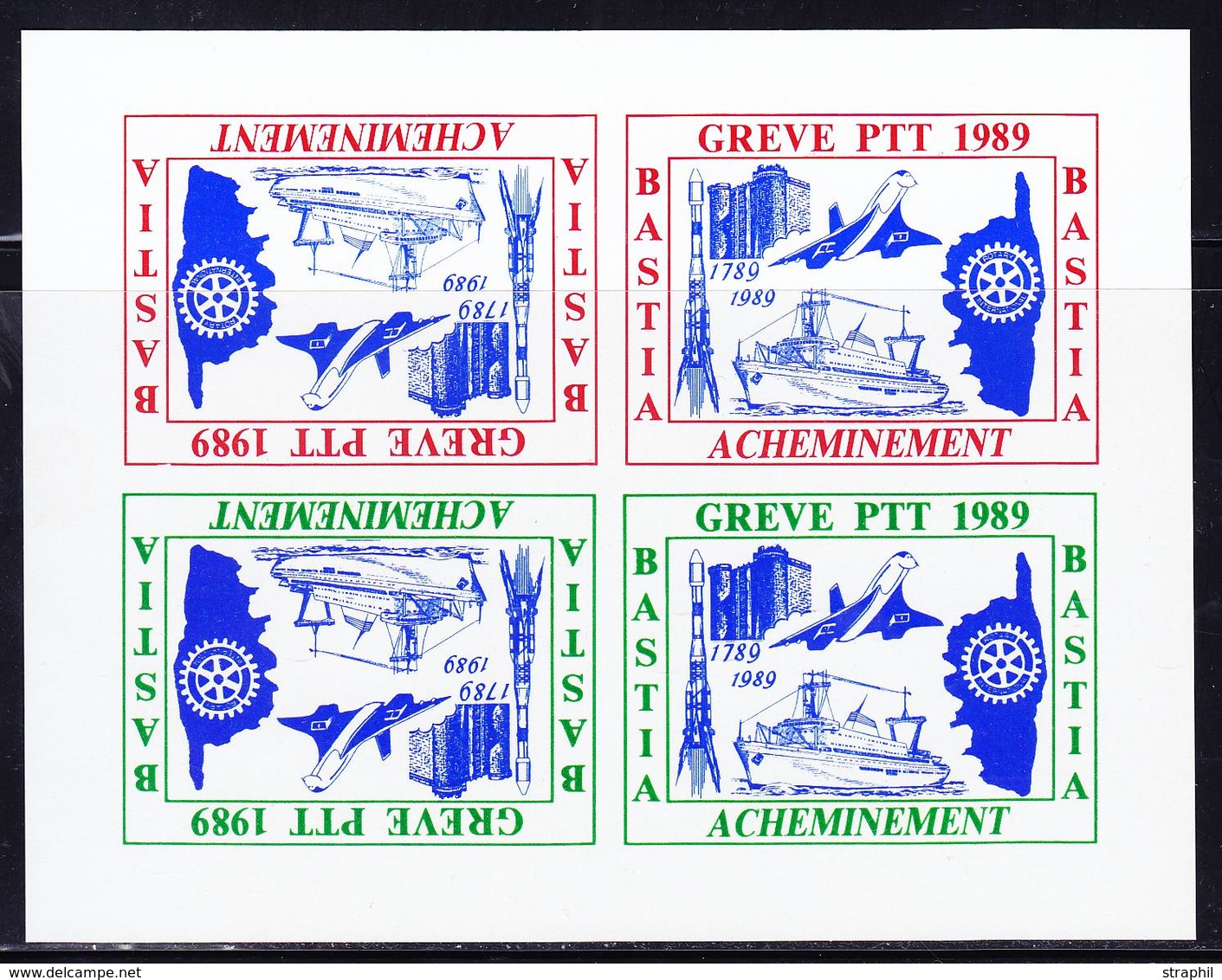 O TIMBRES DE GREVE (REF. MAURY) - O - BASTIA 1989 - Bloc De 4 Valeurs (2coul. Diff.) En Tête Bêche - ND - Non Catalogué  - Autres & Non Classés