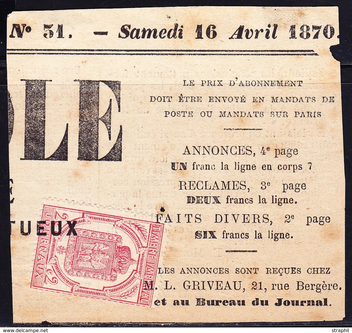 O TIMBRES JOURNAUX - O - N°9 - S/grd Fgt "Petit Echo De Rome" - 20 Fév. 1870 - TB - Journaux
