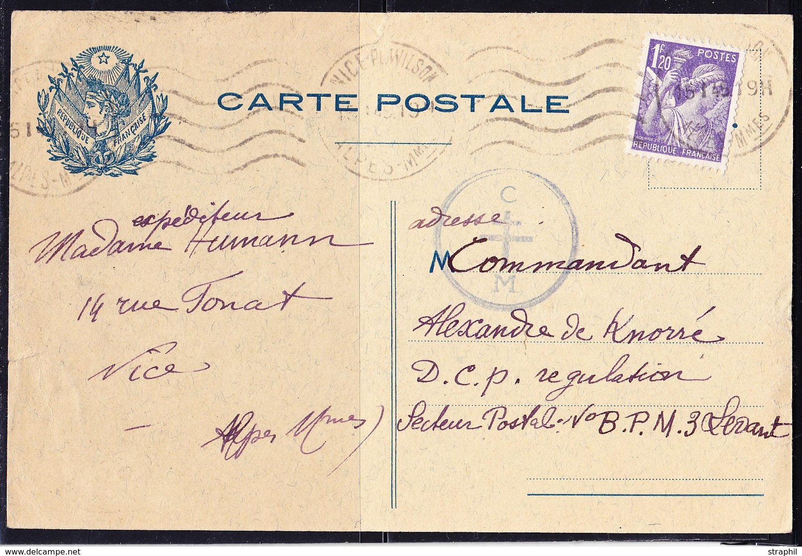 CP GUERRE 1939/44 - CP - N°651 - Obl. NICE 15.01.45 - Sur Carte Postale Pour Le BPMB Au Levant - Arr. Poste Aux Armées/F - Guerre De 1939-45