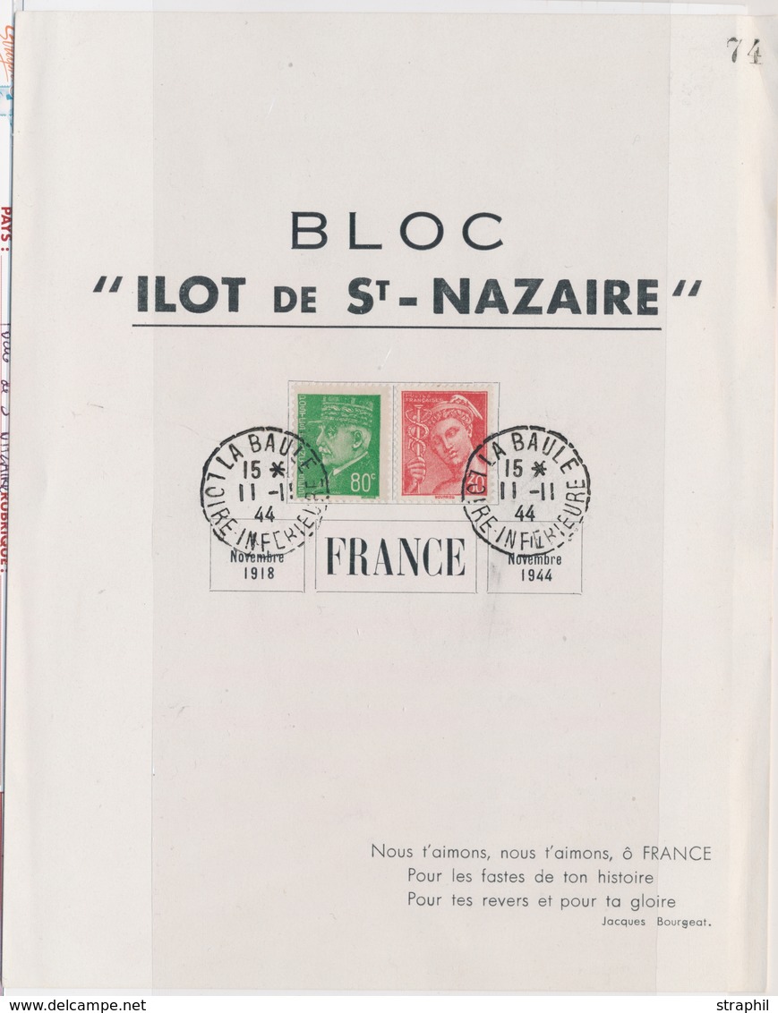 O POCHE DE SAINT NAZAIRE - O - N°412, 513 (Afft 1F10) - Obl. La Baule - 11/11/44 - S/encart - "Bloc Ilôt De ST NAZAIRE"  - War Stamps