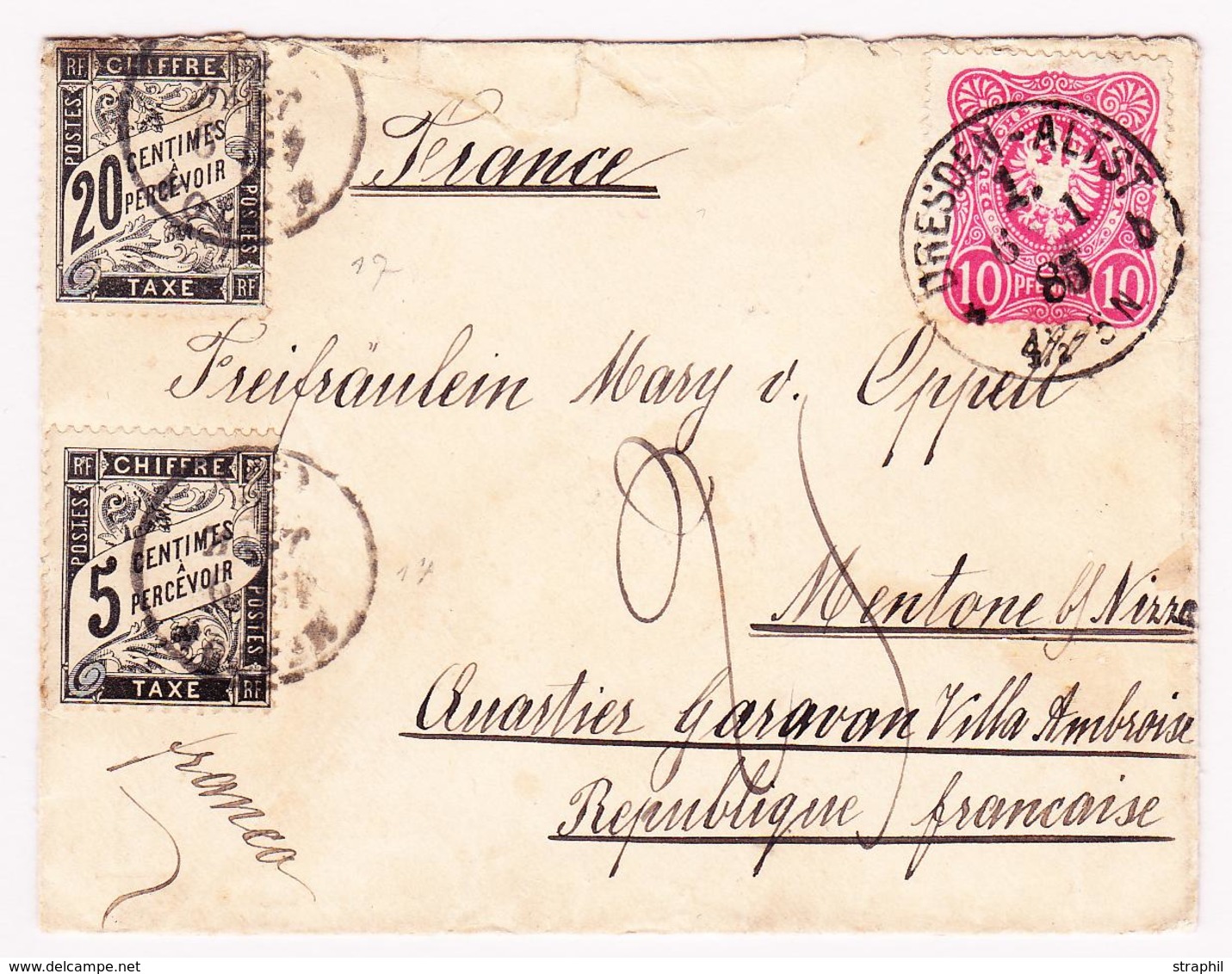 L TIMBRES TAXE - L - N°14, 17 - 5 Et 20c Noir - Obl. Menton - 9/1/85 S/pli De Dresden (N°38 Allemagne) Obl. 6/jan. + Tax - 1859-1959 Neufs