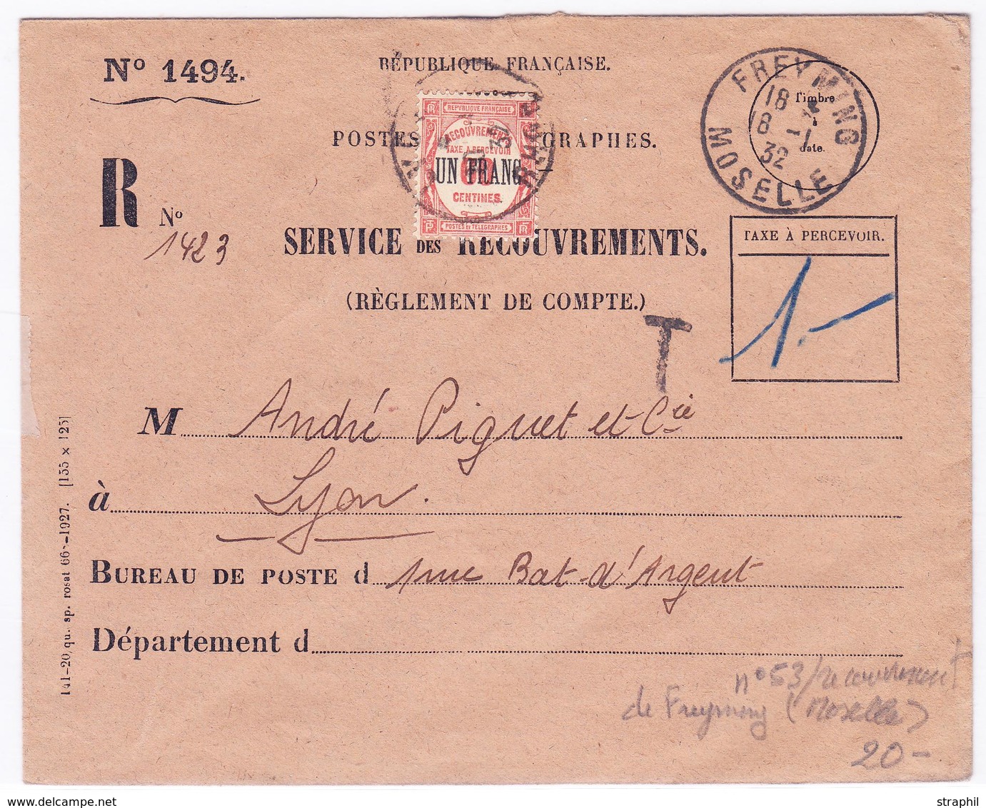 L TIMBRES TAXE - L - N°53 S/avis De Recouvrement - Recom. - Obl FREMING 18/1/32 Pour LYON - TB - 1859-1959 Neufs