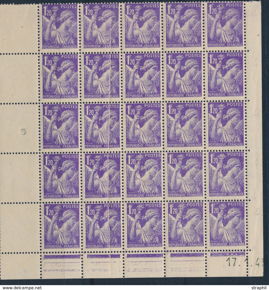 ** VARIETES  - ** - N°651 - 1F20  Violet - Bloc De 25 CdF Daté 17/01/45 - 5 Ex. Pli Accordéon - TB - Unused Stamps