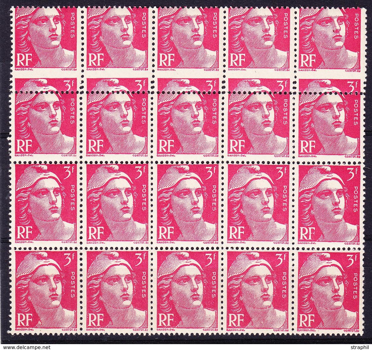 ** VARIETES  - ** - N°716 - 3F Rose - Bloc De 20 - Le Bloc De 10 Supérieur, Variété De Piquage Tenant à Normal - Rare -  - Neufs