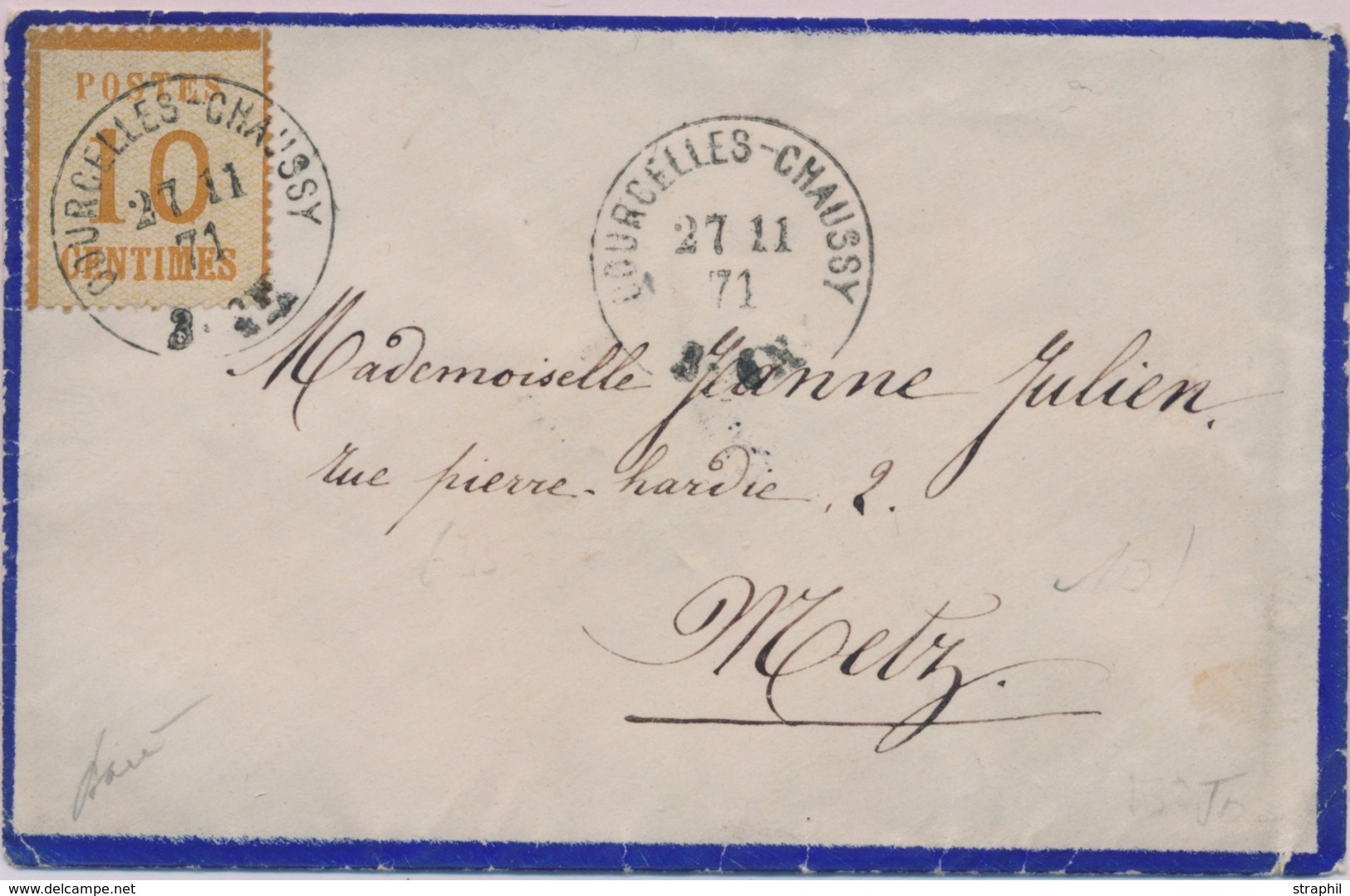 L TIMBRES D'ALS-LOR SUR LETTRE (1870-71) - L - N°5 - Nuance Citron - Obl. Courcelles-Chaussy 27/11/71 - Pour Metz - Sign - Other & Unclassified