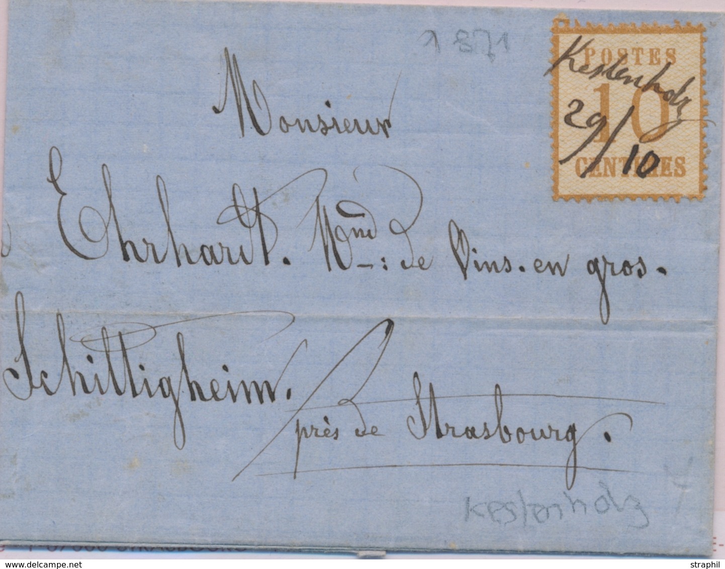 LAC TIMBRES D'ALS-LOR SUR LETTRE (1870-71) - LAC - N°5 - Obl. Manus, Kiestenholz 29/10 Pour Schiltigheim - TB - Other & Unclassified