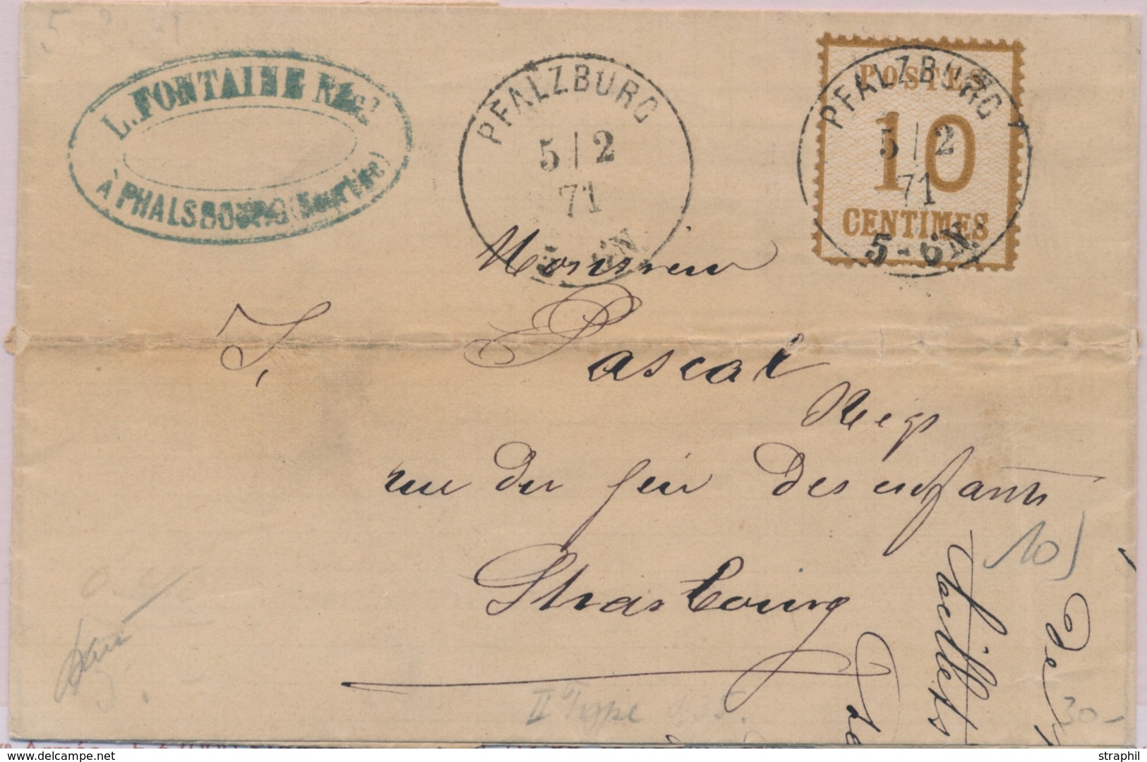 LAC TIMBRES D'ALS-LOR SUR LETTRE (1870-71) - LAC - N°5 - Obl. Pfalzburg 5/2/71 Pour Strasbourg - B/TB - Other & Unclassified